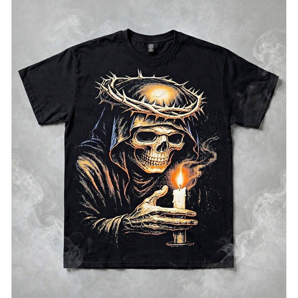 Mens Black Grim Reaper Skull Candle Crown of Thorns Graphic T-Shirt Large